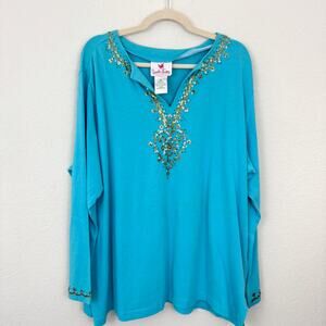 Quacker Factory Womens Top Shirt Size 2X Sequin Beaded 100% Cotton Blue